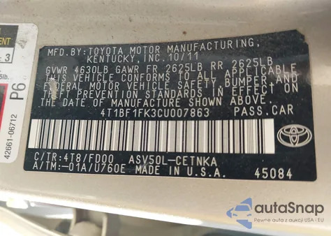 2012 Toyota Camry Le из США, поврежденный, VIN 4T1BF1FK3CU007863